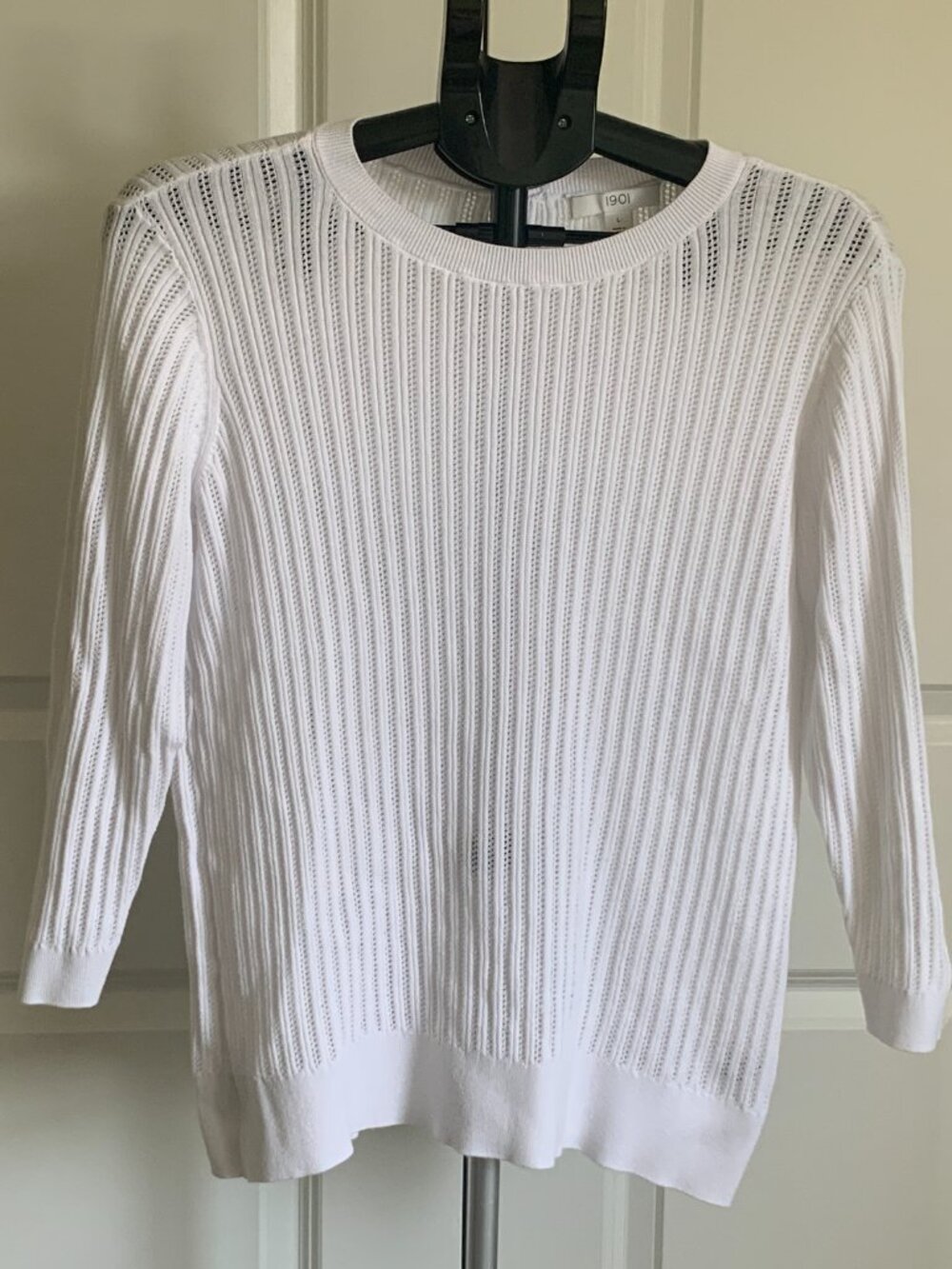 1901 White Ribbed Pima Cotton Blend Crewneck Sweater Women's Large 3/4 sleeved